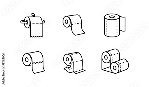 A set of minimalist toilet paper roll illustrations in various orientations