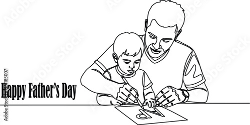 A heartwarming black and white illustration of a father and son crafting together celebrating father's day