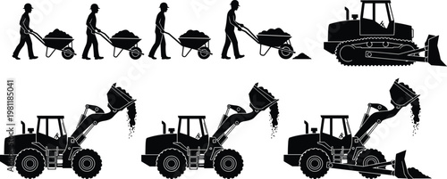 construction workers with wheelbarrow silhouettes, loader bulldozer machines, earth moving process, manual labor and heavy equipment, industrial jobsite activity