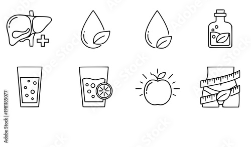 A set of eight line art icons depicting healthy lifestyle and detox concepts