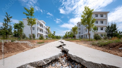 Earthquake damage showing cracked road along abandoned buildings
