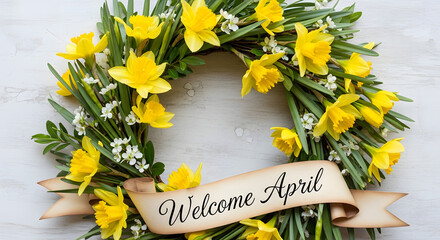Welcome April Floral Wreath Vector with Daffodils, Spring Flowers Circle Frame, Handwritten Typography