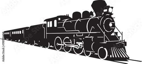 Black steam locomotive train, vintage railway engine, silhouette illustration, vector graphics