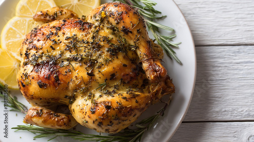 Roasted chicken with herbs and lemon on white plate