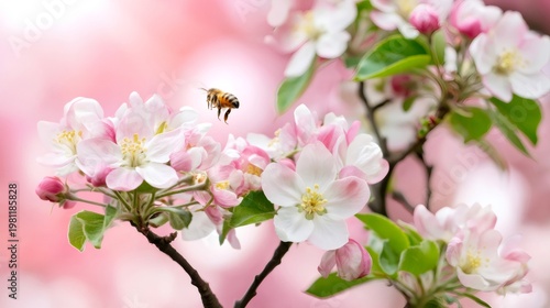 Honey bee flying near pink apple blossoms blooming