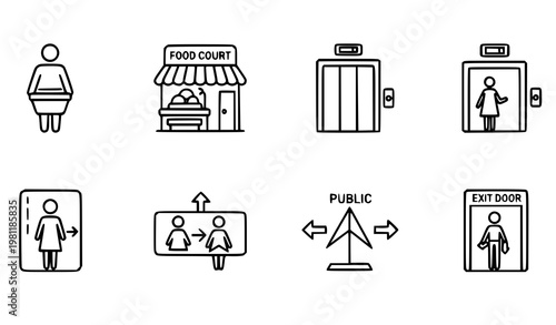 A set of minimalist icons depicting public signs and symbols for navigation