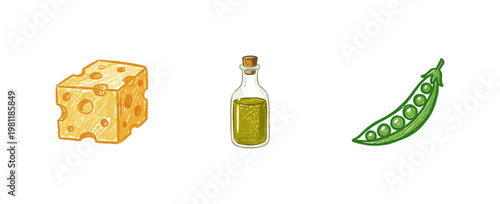 Gourmet Kitchen Ingredients and Cooking Essentials with Fluid Crayon Pencil Texture and Crayon Colorful Aesthetic