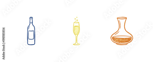 Wine Bottles and Assorted Stemware Glassware with Fluid Crayon Pencil Texture and Crayon Colorful Aesthetic