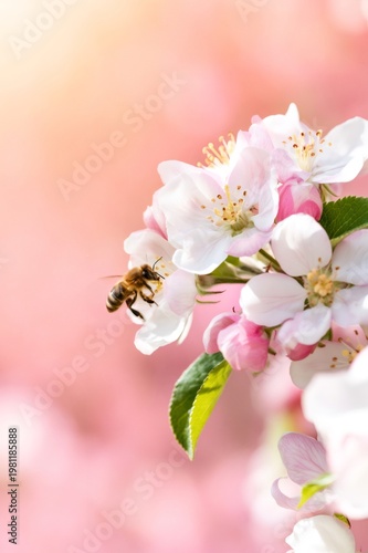 Honeybee collecting pollen from delicate apple blossom flowers