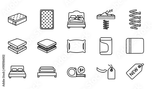 A set of black and white line art illustrations depicting various bed and mattress related icons
