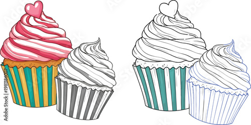 Colorful and monochrome cupcakes a sweet treat illustration