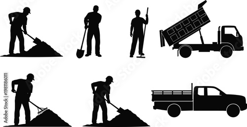 construction workers digging and raking soil, manual labor silhouettes, dump truck unloading, pickup transport, industrial work, earthmoving activity scene