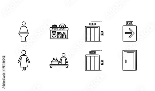 A set of minimalist icons depicting various public facility symbols