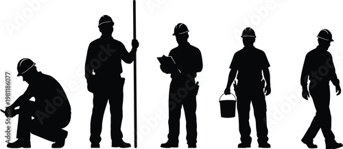 construction worker silhouettes collection, industrial labor team poses with helmets, engineer builder actions, manual work concept, safety gear workforce illustration