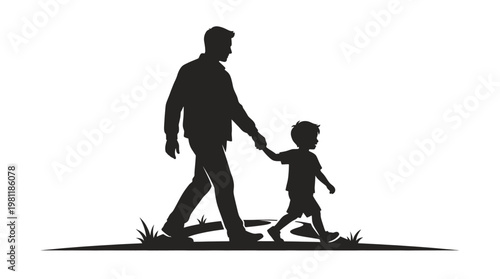 Black silhouette of father holding hands with young son while walking isolated on white background. Minimalist vector illustration of parent and child bonding outdoors. Fatherhood concept graphic.",