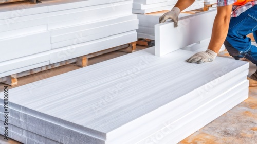 Construction worker laying white insulation panels for energy efficiency