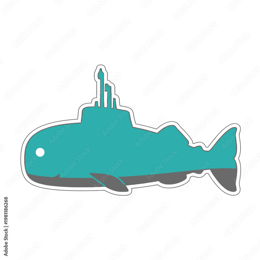 Obraz premium An imaginative teal submarine shaped like a fish swims underwater. sticker