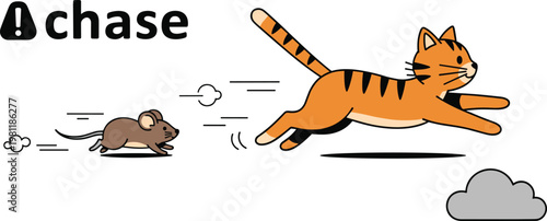 Cartoon Cat Chasing Mouse with Chase Warning for Animals, Pets, and Playful Illustrations