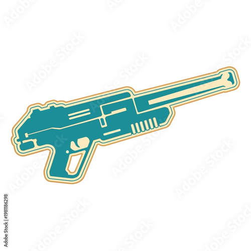 A futuristic teal ray gun weapon with an intricate design. sticker