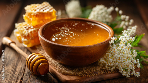 Honey in a wooden bowl with honeycomb and flowers on a rustic table