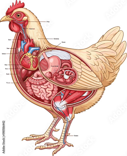 Anatomical Illustration of a Chicken Showing Internal Organs and System for Veterinary, Biology, and Educational Designs