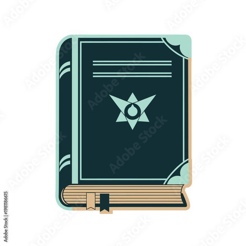 A mystical teal magic spell book with a star symbol and bookmark. sticker