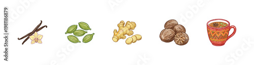 Masala Chai Spices and Herbal Tea Ingredients with Inky Crayon Pencil Texture and Fluid Calligraphic Strokes