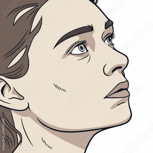 A cartoon woman with brown hair looks to the right