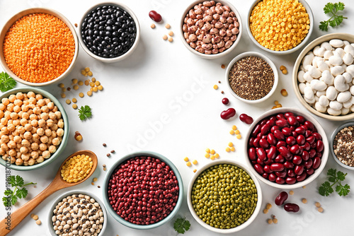 Rainbow of legumes: A vibrant assortment of colorful legumes, meticulously arranged in ceramic bowls, creating a visually appealing and healthful composition.