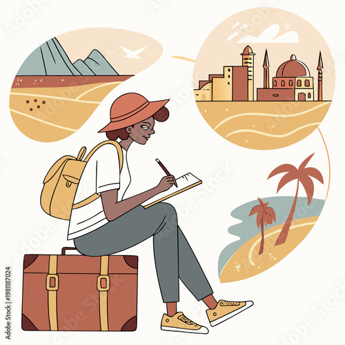 A woman sitting with a suitcase and thinking of travel destinations