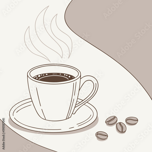 A steaming cup of coffee on a saucer with coffee beans