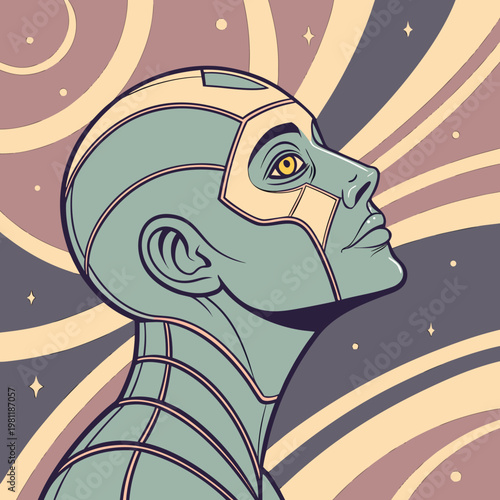 A futuristic robot with a humanoid face and yellow eye