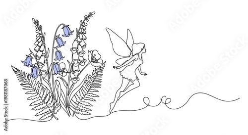 Whimsical Fairy and Bluebell Flowers Line Art Illustration