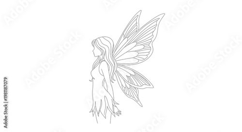 Tableau sur toile Outline Drawing of a Beautiful Fairy with Delicate Butterfly Wings on White Back