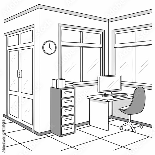 A office cubicle with a desk and chair