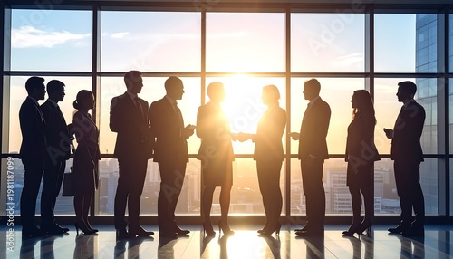 Silhouetted business team meets in a modern office against a bright skyline during sunset/sunrise