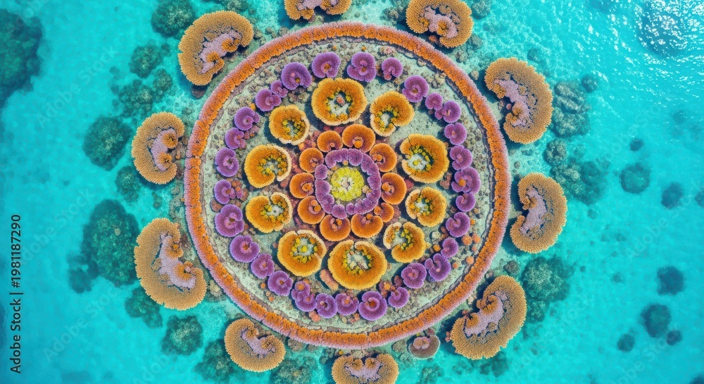 Fototapeta premium Vibrant coral structures form a circular mandala pattern beneath the clear tropical water.