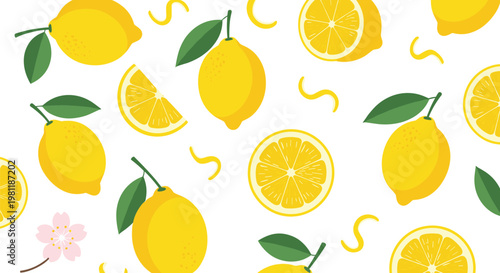 Seamless lemon fruit pattern with slices, leaves and decorative elements vector illustration for fresh citrus background and summer design