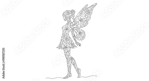Floral Fairy Silhouette, Elegant Woman with Butterfly Wings, Delicate Line Art Design