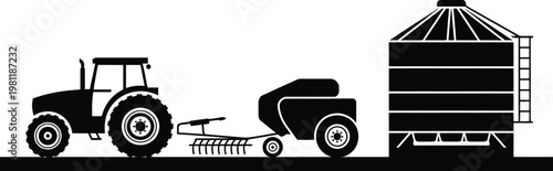 Farm equipment silhouette black modern tractor baler grain silo windmill agricultural machinery set detailed high quality professional illustration