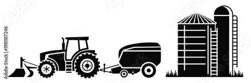 Farm equipment silhouette black tractor baler silo windmill agricultural tools set farming machinery detailed high quality professional illustration isolated