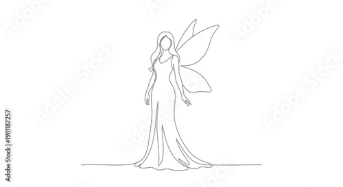Elegant fairy woman line drawing, graceful, fantasy, ethereal, single line art, white background