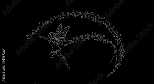 Whimsical fairy with sparkling star trail on black background