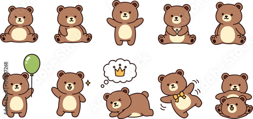 Cute teddy bear characters collection with different poses including sitting, playing, dreaming and holding balloon vector illustration for kids design