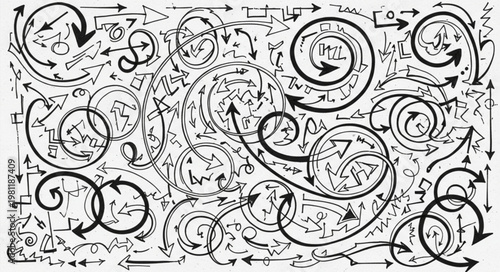 Hand drawn chaotic swirling arrow doodle composition.