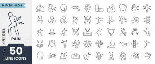Pain and injury line icons set with editable stroke. Vector illustration