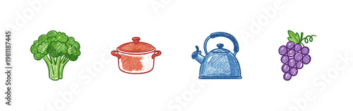 Fresh Healthy Food and Kitchen Cooking Elements with Fluid Crayon Pencil Texture and Crayon Colorful Style