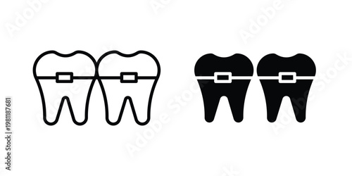 Teeth with braces icon clip art collection. Editable stroke icons