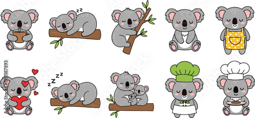 Cute koala characters collection with sleeping, eating, hugging and cooking poses vector illustration for kids wildlife cartoon and nursery design