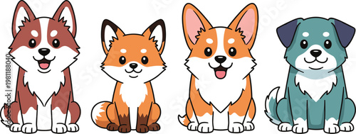 Cute dog breeds characters set with husky, fox, corgi and puppy vector illustration for pets, animals and kids cartoon design
